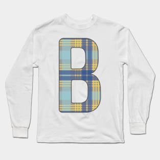 Monogram Letter B, Blue, Yellow and Grey Scottish Tartan Style Typography Design Long Sleeve T-Shirt